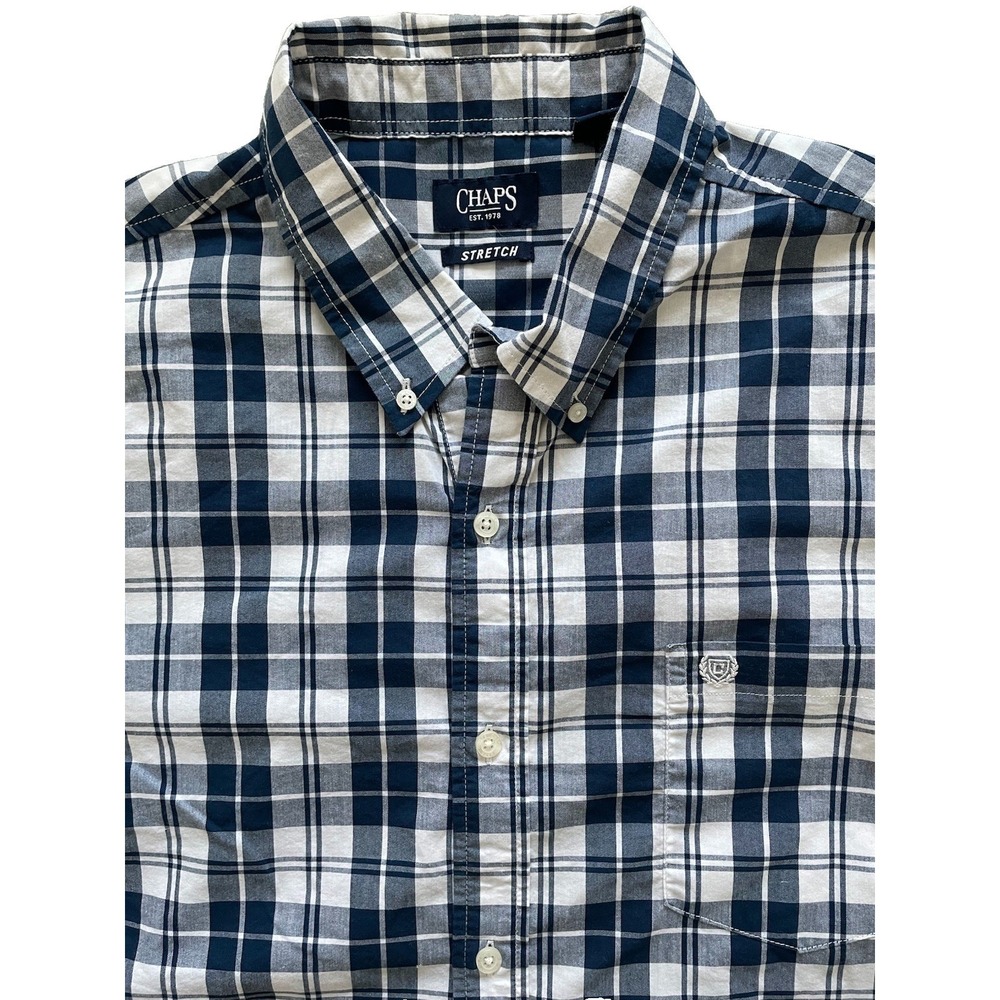 Chaps Men's XXL Blue White Plaid Button Down Shirt Stretch Short Sleeve Pocket